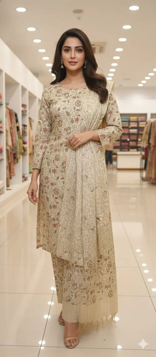 Soft Cotton Khadi Hand-Printed Full Suit Set – Elegant & Comfortable Ethnic Wear